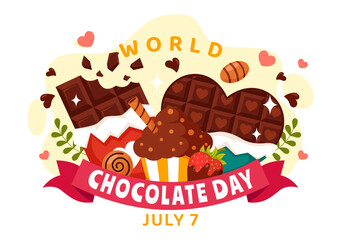 World Chocolate Day Celebration Vector Illustration on 7 July with Melted Chocolates and Cake in Flat Cartoon Background Design