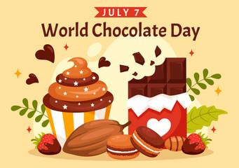 World Chocolate Day Celebration Vector Illustration on 7 July with Melted Chocolates and Cake in Flat Cartoon Background Design