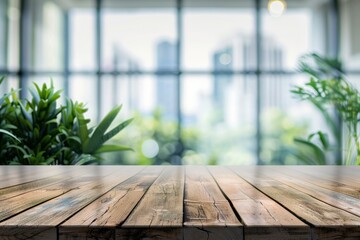 Empty wood table top and blur glass window wall building banner mock up abstract background - can used for display or montage your products - generative ai