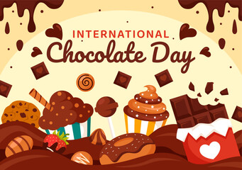 World Chocolate Day Celebration Vector Illustration on 7 July with Melted Chocolates and Cake in Flat Cartoon Background Design