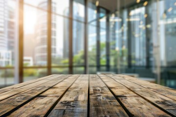 Empty wood table top and blur glass window wall building banner mock up abstract background - can used for display or montage your products - generative ai