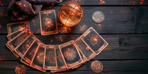Tarot cards arranged on a dark wooden surface with a radiant astral globe and celestial vibe