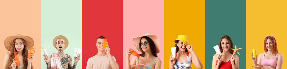 Set of people with sunscreen creams on color background