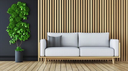 Chic minimalist living room featuring a sleek white sofa and a vibrant vertical garden accent