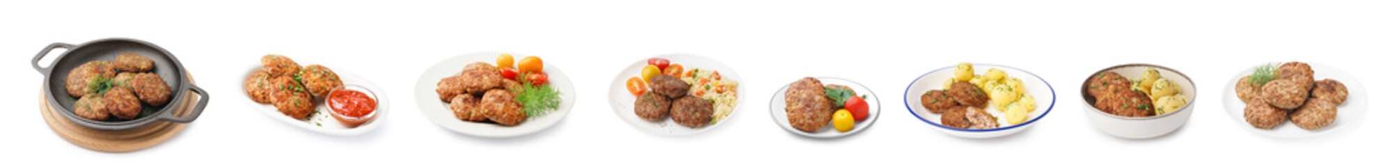 Collage of tasty cutlets on white background