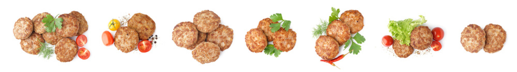Set of tasty cutlets on white background, top view