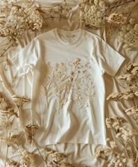 White Floral Embroidered T-Shirt Display Amongst Dried Flowers on a Neutral Background
