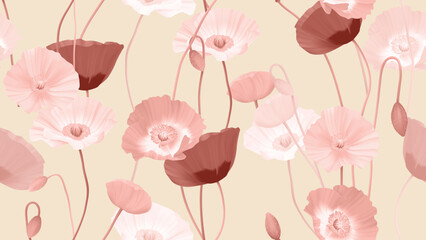 Floral seamless pattern, poppy flowers in red tones on brown background