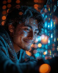 Portrait of a young man with blue and orange lights reflecting off his face.