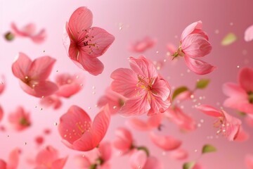 Fresh quince blossom, beautiful pink flowers falling in the air isolated on pink background. Zero gravity or levitation, spring flowers conception, high resolution image - generative ai