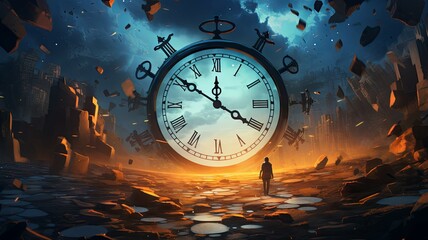 Surreal time concept with a giant clock - A fantasy depiction showing a colossal clock floating amidst ruins against a fiery sunset, symbolizing time's dominance