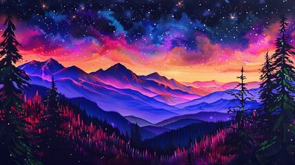 A beautiful landscape painting of a mountain range at sunset. The sky is a gradient of purple, pink, and yellow, and the mountains are a deep blue. The foreground is a forest of pine trees.  