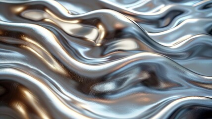 A close-up of a silver-colored, wavy fabric. The fabric is smooth and reflective, and the light is reflecting off of it in a way that creates a sense of movement. The image is abstract  