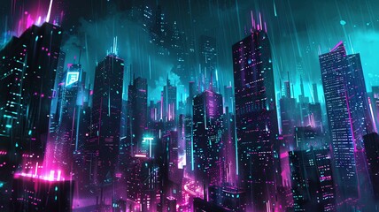 Obraz premium The image is a digital painting of a cyberpunk city