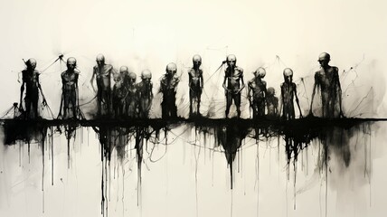 A group of undead standing in a row. The people are all wearing the same thing. Their faces are not visible. The background is white. The image is creepy and unsettling. 