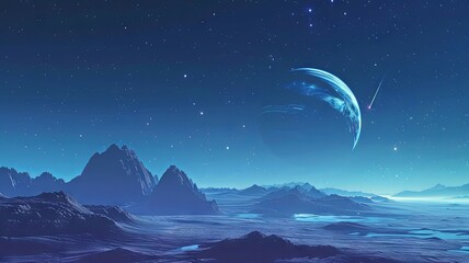 Obraz premium The image shows a beautiful landscape of a distant planet with a blue moon and a starry sky.
