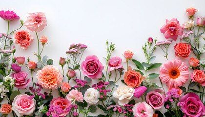 Mother's Day floral arrangement with mixed flowers in a frame, perfect for gifting on various occasions like weddings, birthdays, and Valentine's Day. Top view on a white background with copy space.