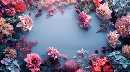 Pink and magenta flowers arranged in a circle on a blue background