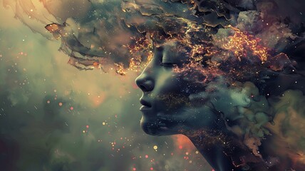The image shows a woman's face with colorful smoke around her head. She is looking to the right of the frame. The image is very colorful and has a painterly feel to it.