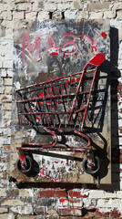 The image shows a red shopping cart with red stains on the wall