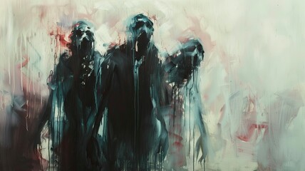 The image shows three dark figures in the mist - obrazy, fototapety, plakaty