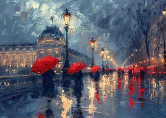  Abstract oil  painting features landscape of European city street during raining wall art, vintage farmhouse  style digital art print, wallpaper, background