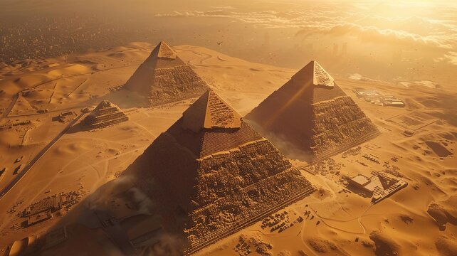 Pyramids of Giza bathed in golden sunlight - An aerial view of the ancient Egyptian Pyramids of Giza as they bask in the beautiful golden sunlight