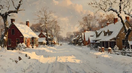  Abstract oil  painting features landscape of European city street during winter snowing wall art, vintage farmhouse  style digital art print, wallpaper, background