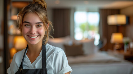 portrait of young caucasian woman with hotel housekeeping uniform, 5 star hospitality, linen service