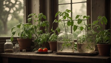 Tomato plants in the vases on the windowsill