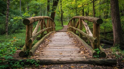 beautiful old wooden bridge at a forest