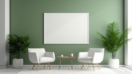 A stylish office interior with a monochrome color scheme and minimalist furnishings, illuminated by soft overhead lighting. The white empty frame on the wall stands out as a focal point, ready to show