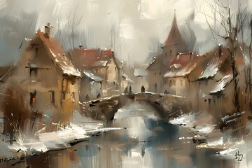  Abstract oil  painting features landscape of European city street during autumn wall art, vintage farmhouse  style digital art print, wallpaper, background