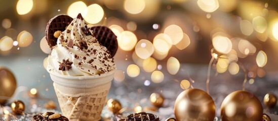 Ice cream served in a crispy wafer cup adorned with chocolate cookies and artistic decorations on a background of soft, blurred lights.