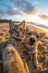 A cat and a dog take a selfie together on the beach