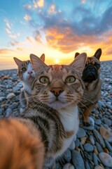 Obraz premium A cat taking a selfie with a dog and another cat in the background
