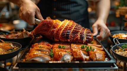 Naklejka premium A chef is carving a roasted duck.