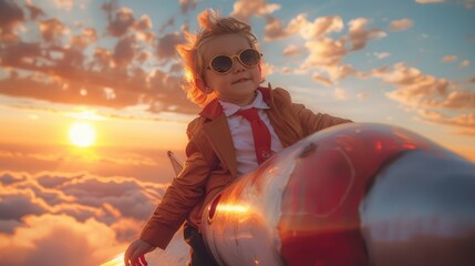 A child in a suit and sunglasses rides a rocket into the sunset.