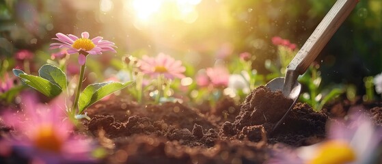 A close-up of a garden shovel digging into the soil with flowers in the background - obrazy, fototapety, plakaty