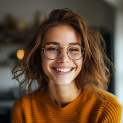 Obraz premium Radiant Smiling Woman in Glasses Wearing Orange Sweater Indoors