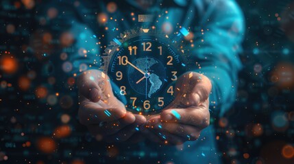 A glowing blue and black clock hovers in a person's hands.