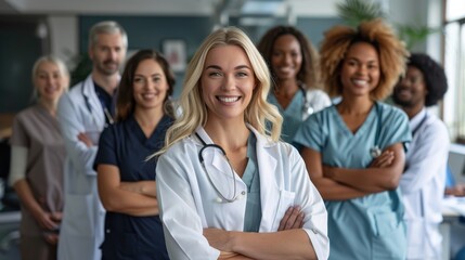 A group of diverse doctors and nurses in scrubs and lab coats are smiling at the camera.