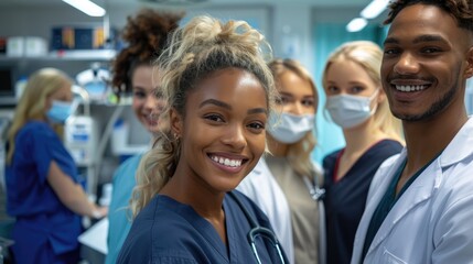 A group of diverse medical professionals smiling at the camera.