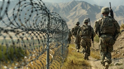 Fototapeta premium A group of soldiers are patrolling along a barbed wire fence.
