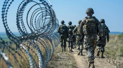 A group of soldiers in camouflage uniforms walk along a dirt path that runs parallel to a tall barbed wire fence.