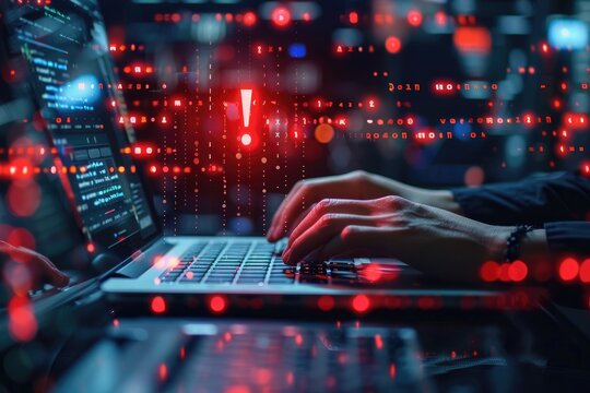 A hacker in a dark room is typing code on a laptop. Red alert symbols surround him.