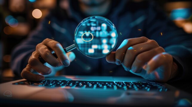 A hacker wearing a black hoodie uses a magnifying glass to examine a computer screen full of code.