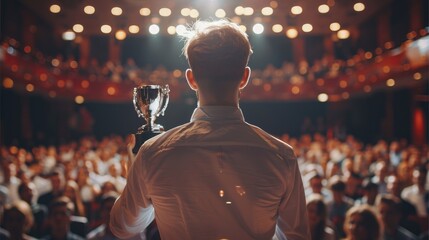 Fototapeta na wymiar A man standing on a stage holding a trophy with a crowd in front of him.
