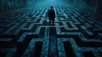 A man stands alone in a dark and mysterious maze, contemplating his next move. - obrazy, fototapety, plakaty
