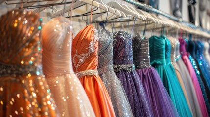 A rack of colorful evening gowns in a clothing store.